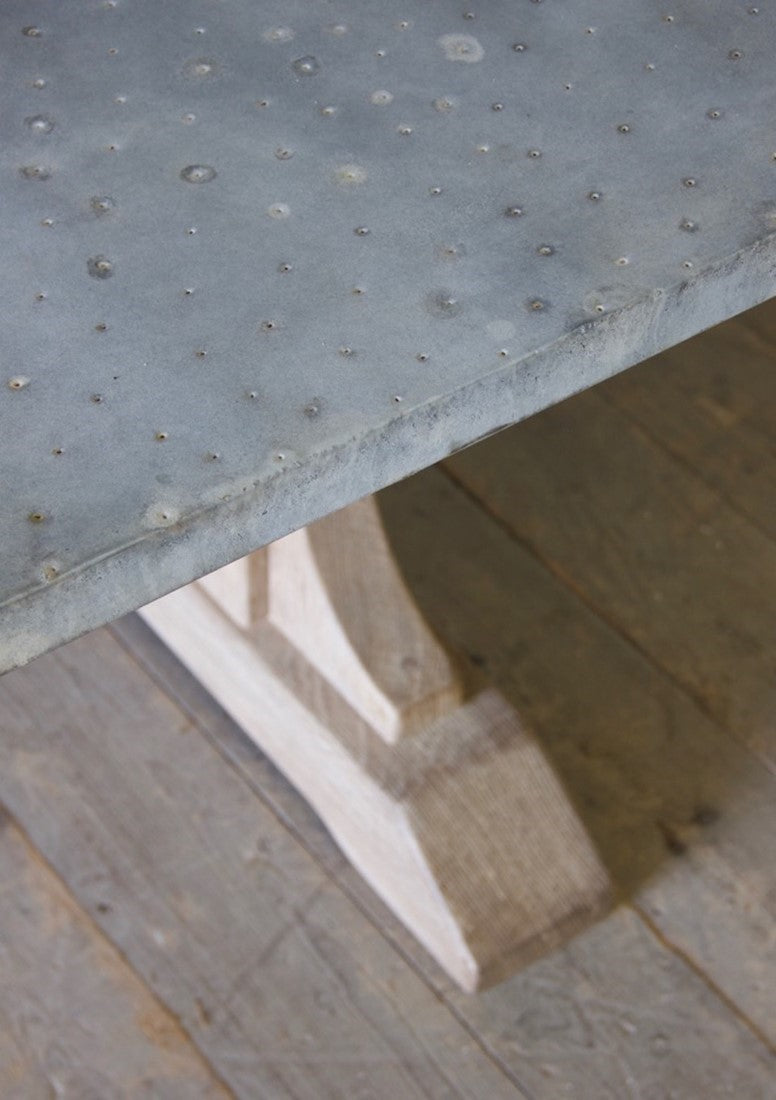 A large and wonderful weathered zinc oak and zinc refectory table
