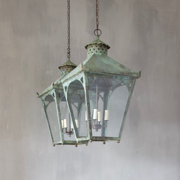 A large verdigris copper lantern