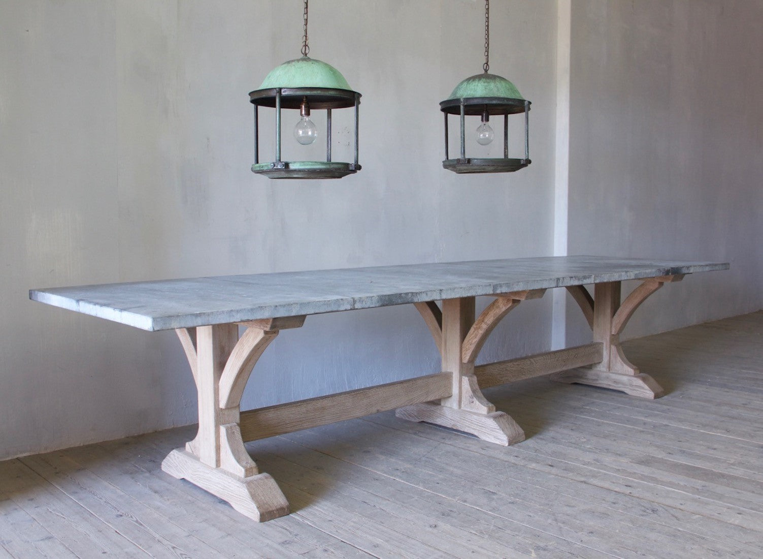 A pair of large copper rotunda lanterns with original verdigris patina