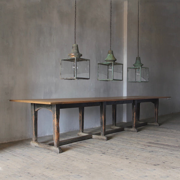 A set of three verdigris copper lanterns