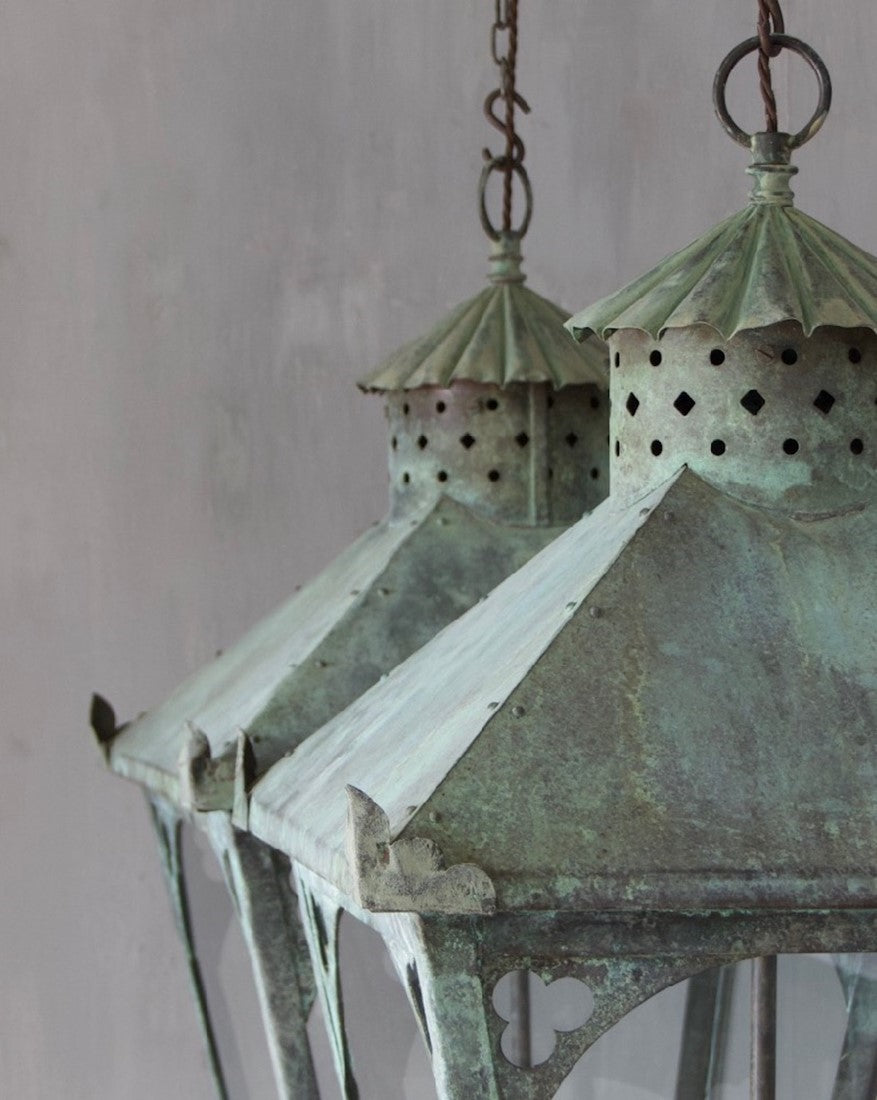 A large verdigris copper lantern