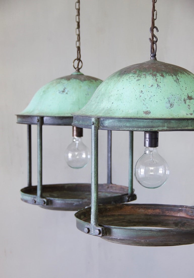 A pair of large copper rotunda lanterns with original verdigris patina