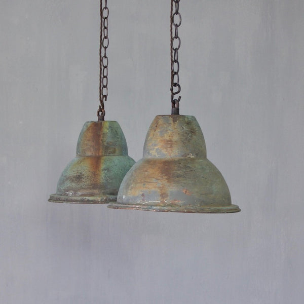 A pair of verdigris copper pendant lights 2