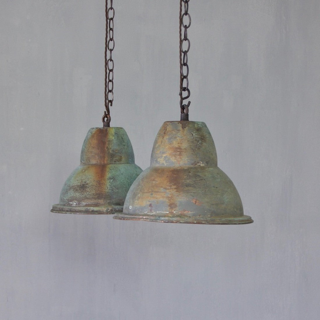 A pair of verdigris copper pendant lights 2