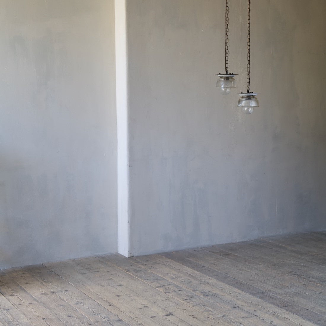A pair of small glass pendant lights