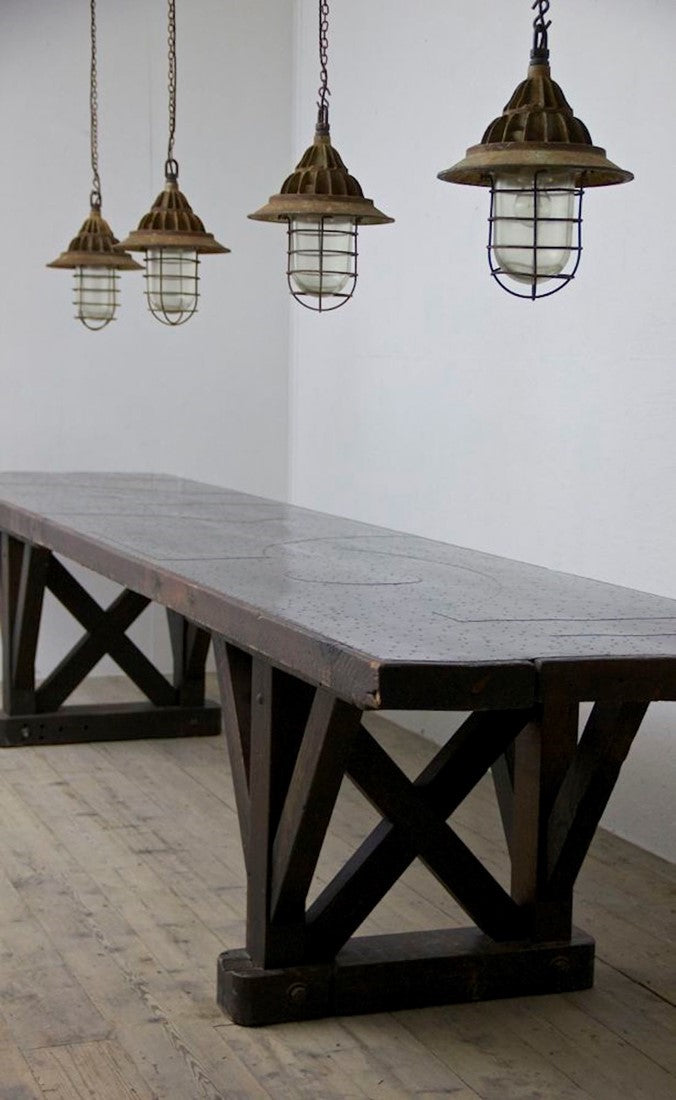 An architectural C19th work table with a patchwork zinc top