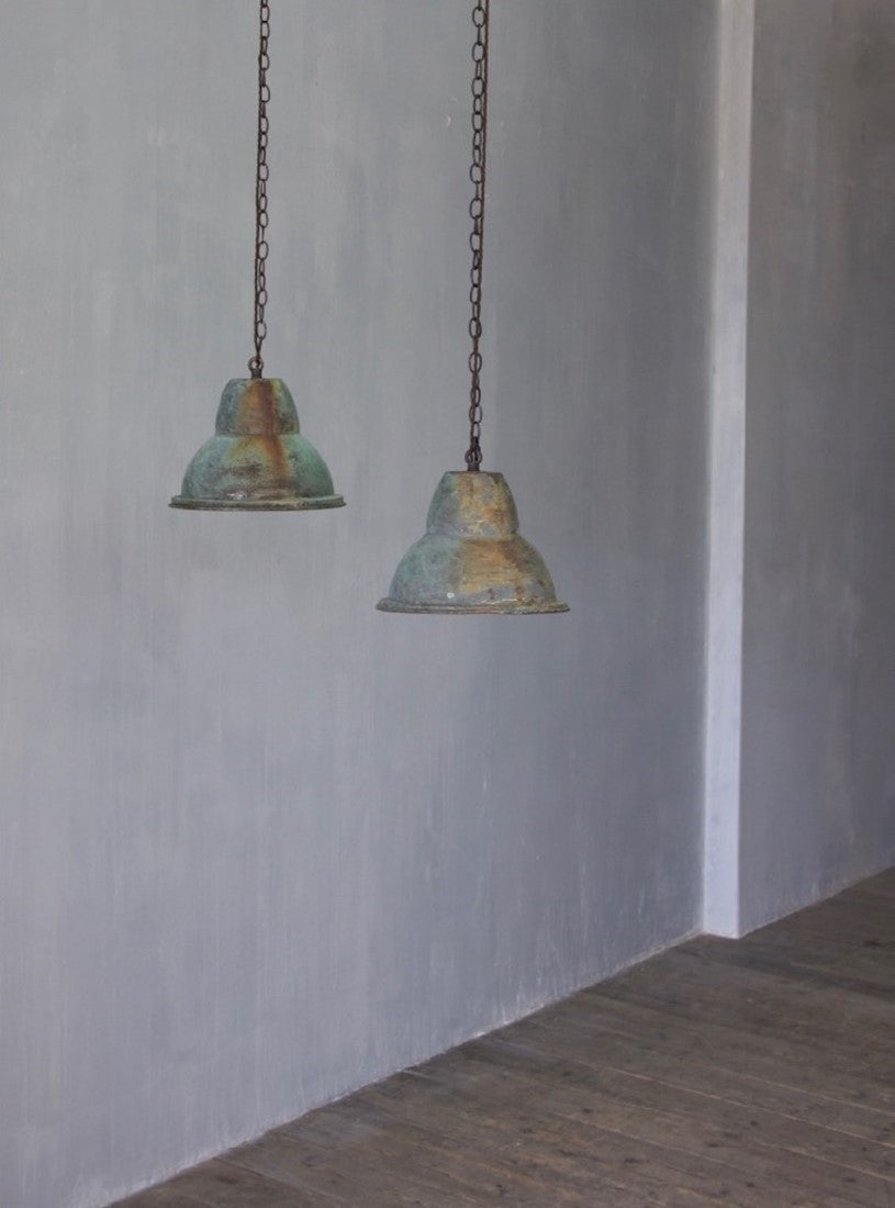 A pair of verdigris copper pendant lights 2