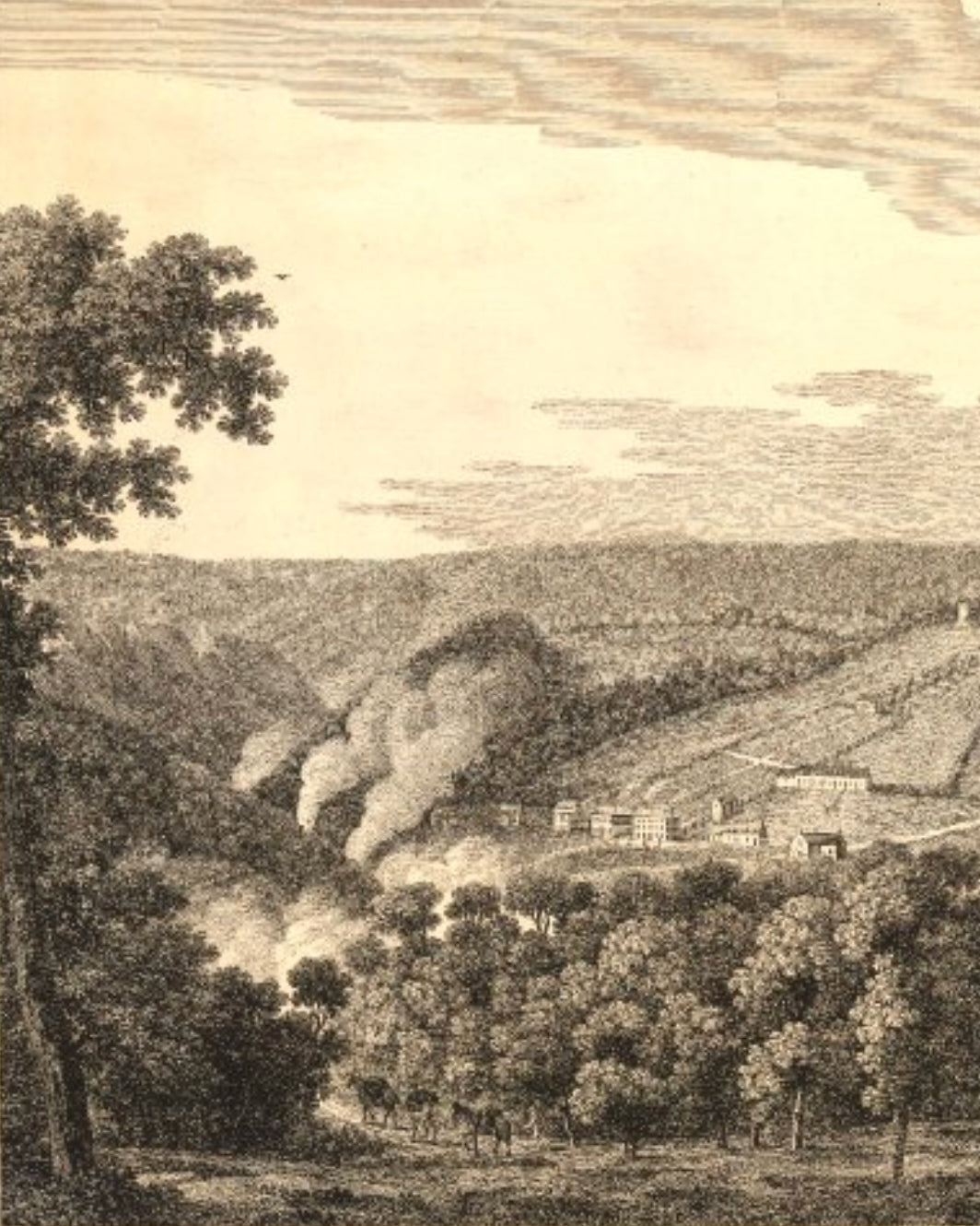 A sepia-toned landscape engraving showing rolling hills, trees, smoke, and a few buildings in Coalbrookdale