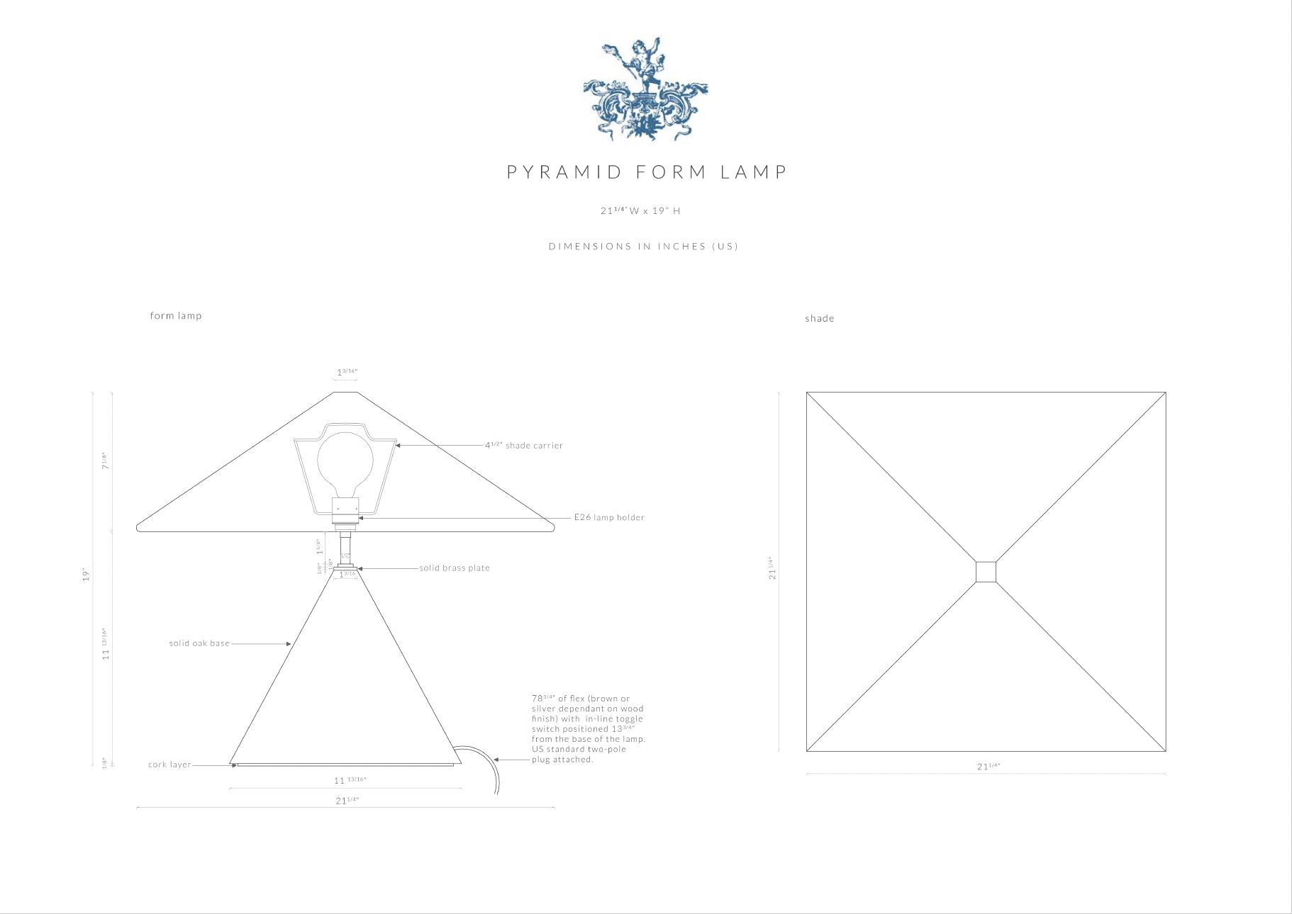 Technical drawing of a pyramid form lamp with dimensions and measurements.