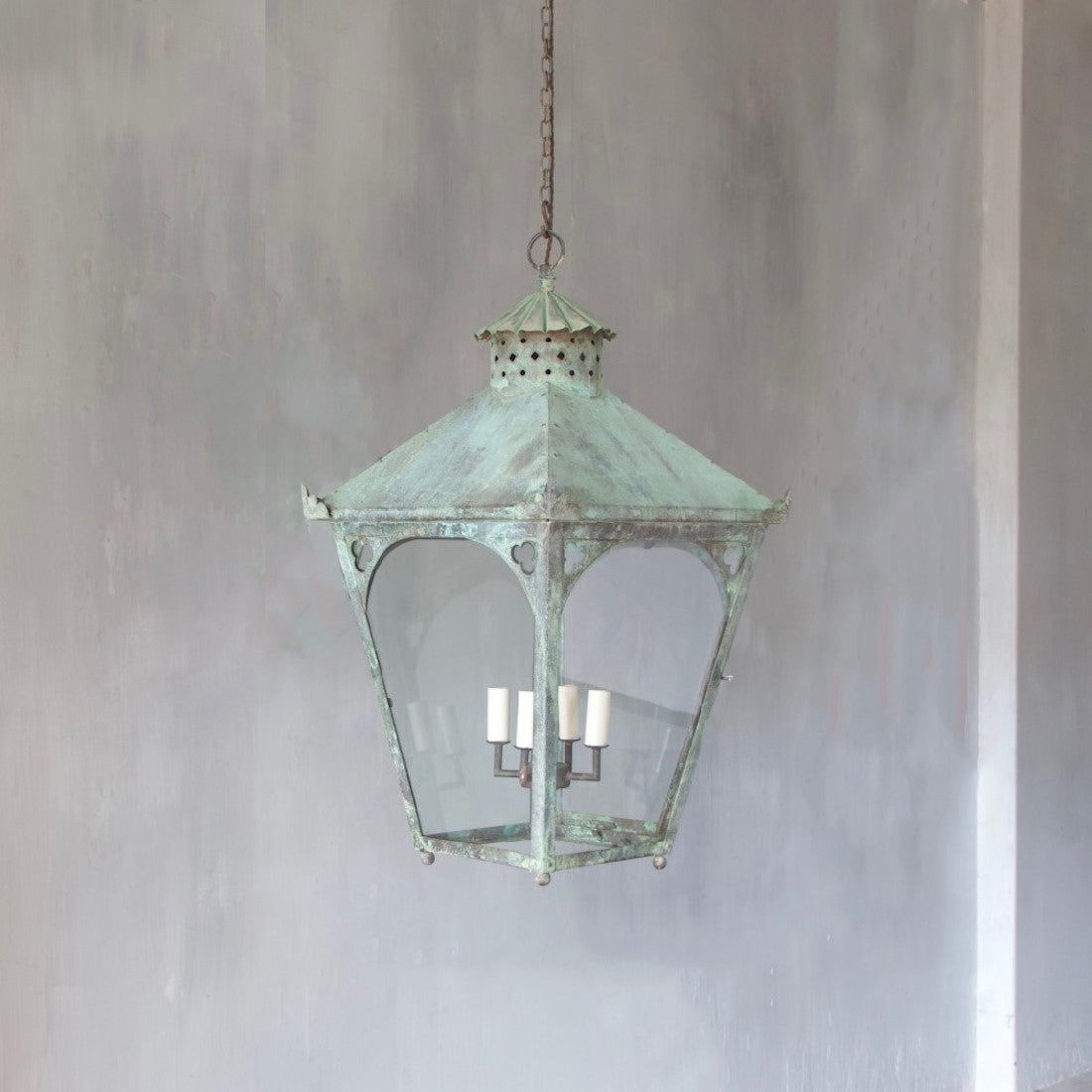 A large verdigris copper lantern
