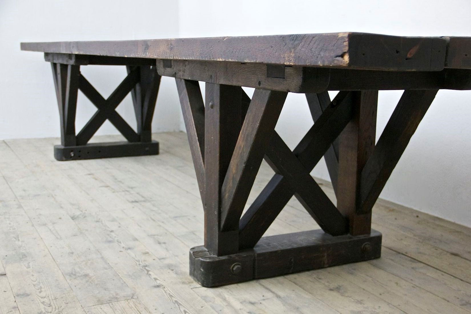 An architectural C19th work table with a patchwork zinc top
