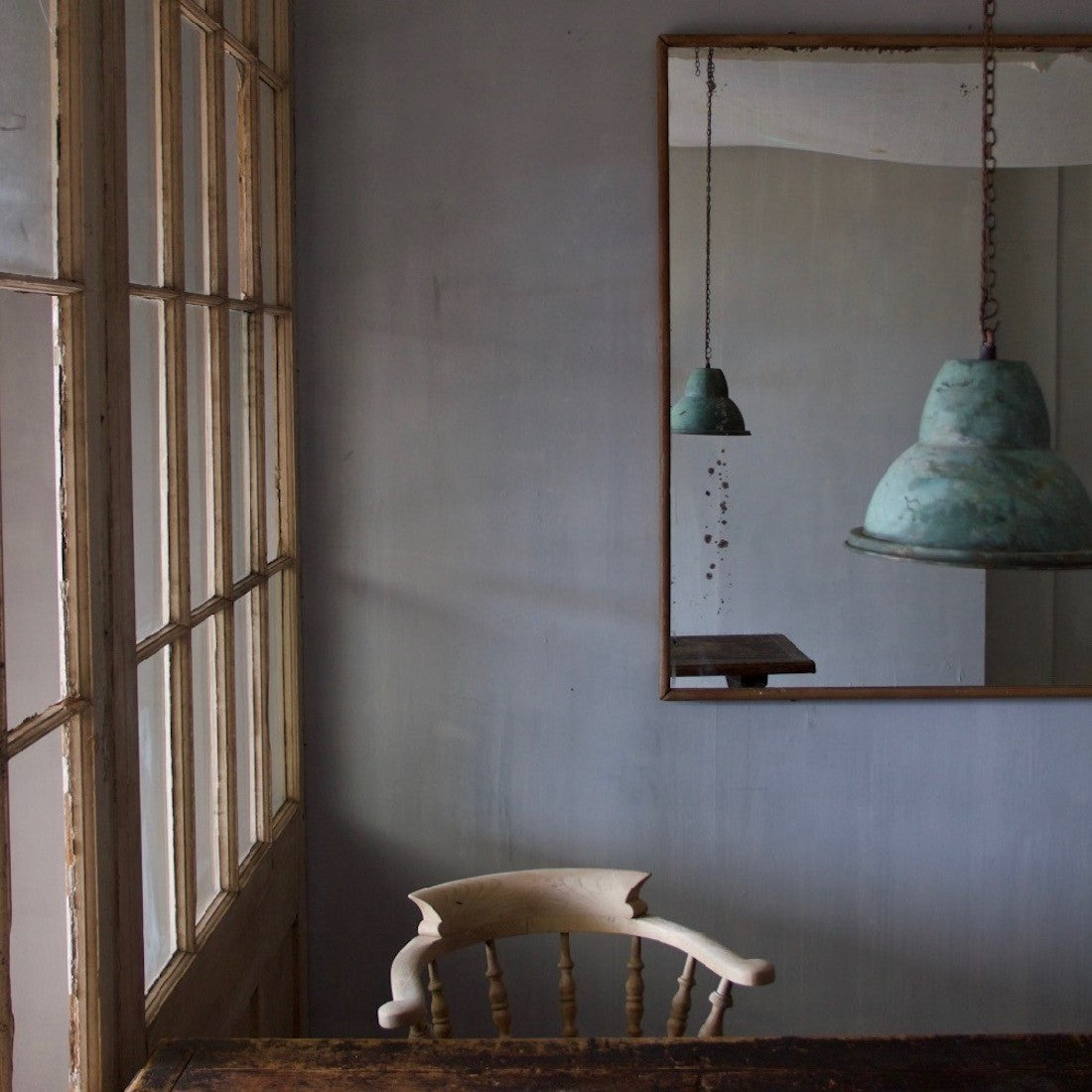 A pair of verdigris copper pendant lights 2