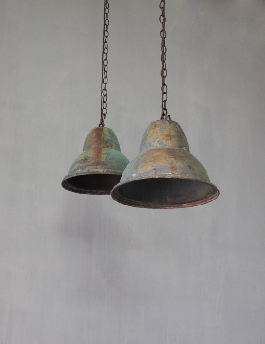 A pair of verdigris copper pendant lights 2