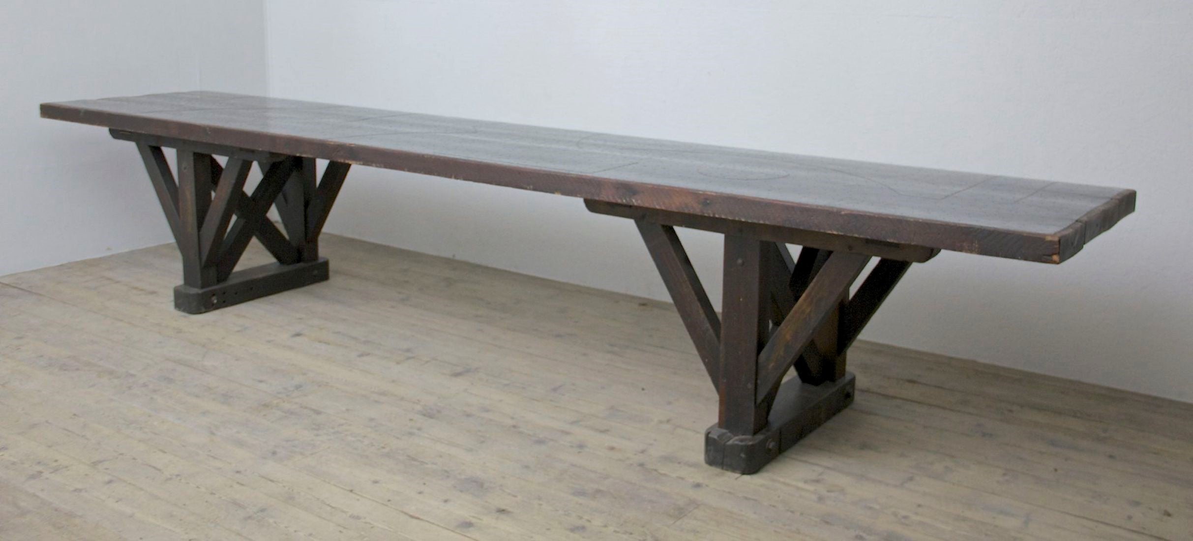 An architectural C19th work table with a patchwork zinc top