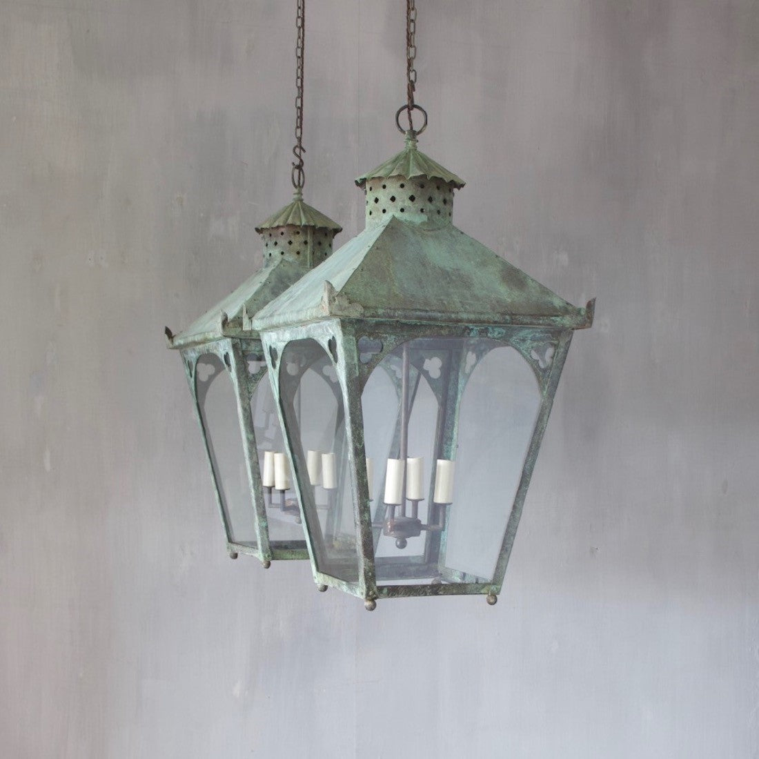 A large verdigris copper lantern