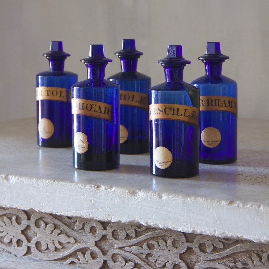 A collection of five C19th apothecary bottles